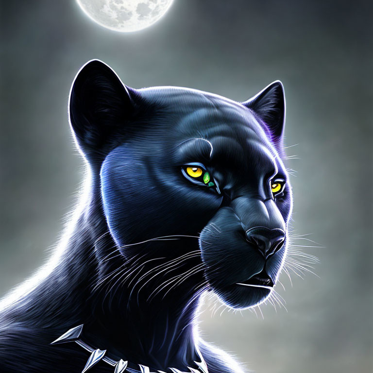 Digital Artwork: Black Panther with Yellow Eyes in Moonlit Night