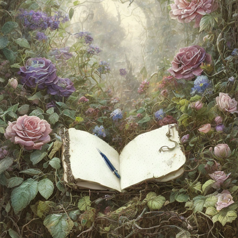 Open book, blue pen, vintage glasses on roses and ivy bed in misty setting