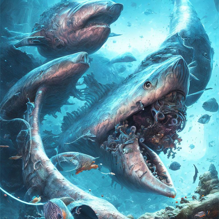 Prehistoric marine predators in underwater scene