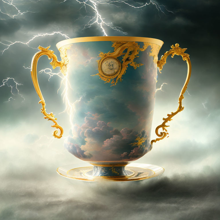 Golden-trimmed cup with stormy sky and lightning design