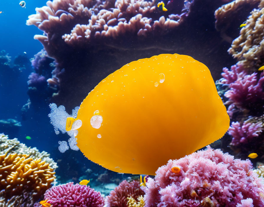 Vivid Yellow Oval Fish Swimming Near Colorful Coral Reefs