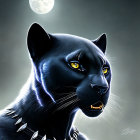 Digital Artwork: Black Panther with Yellow Eyes in Moonlit Night