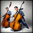 Two cellos leaning with bows, casting shadows on light background