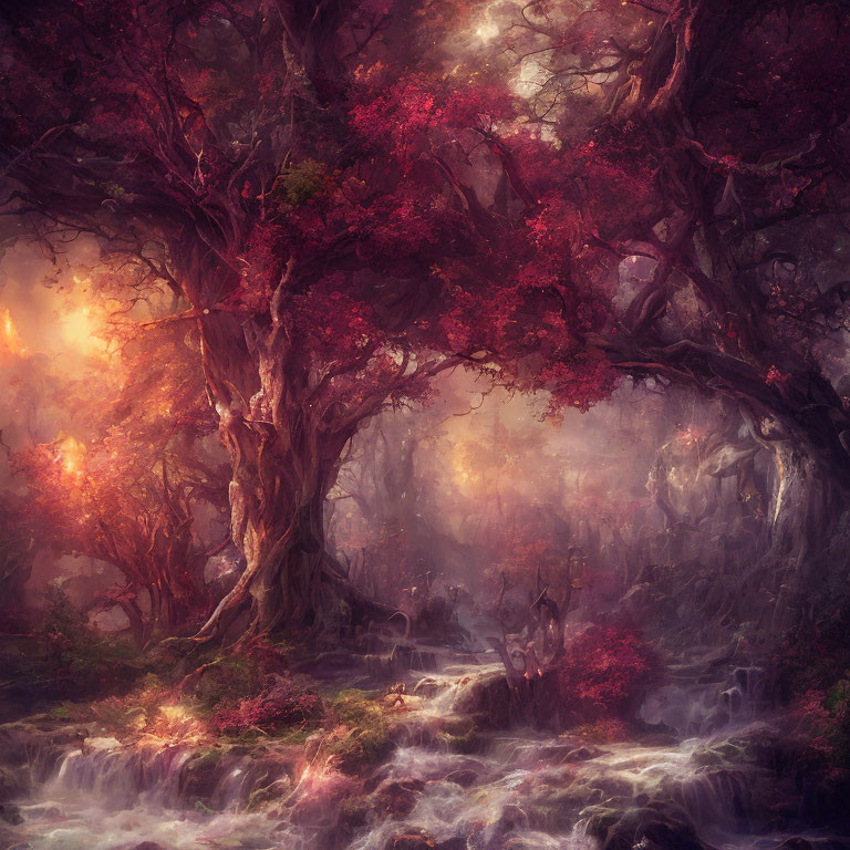 Enchanting forest landscape with red foliage, mist, ancient trees, and cascades in warm glow