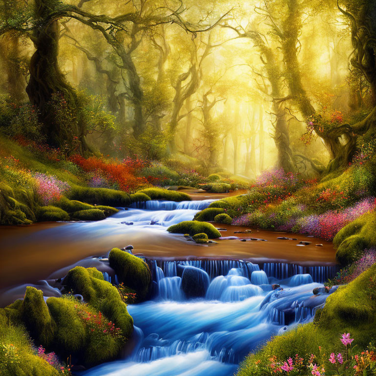 Enchanted forest scene with meandering stream and golden light