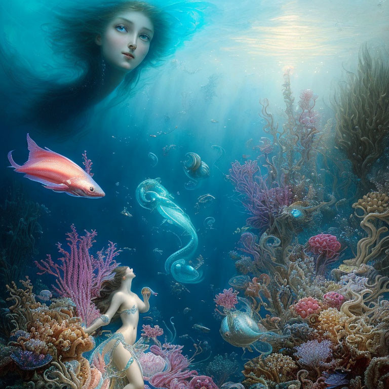 Ethereal women in colorful underwater scene with corals and serpent