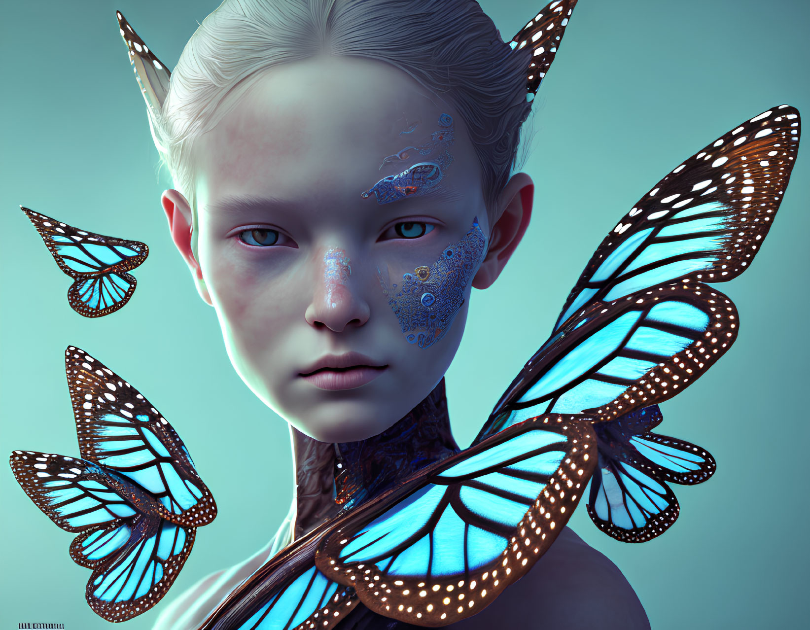 Digital art portrait: Alabaster-skinned person with blue butterfly wings and face markings