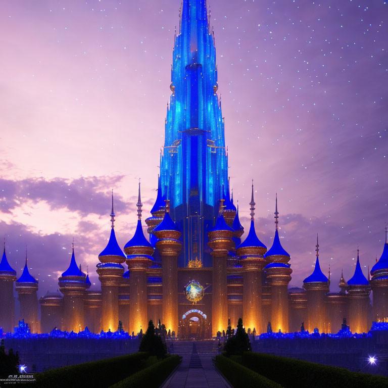 Fantasy castle illuminated at dusk with blue and golden lights