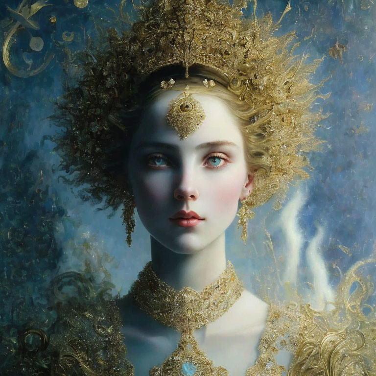 Ethereal beauty woman with golden headpiece and blue eyes on textured blue background