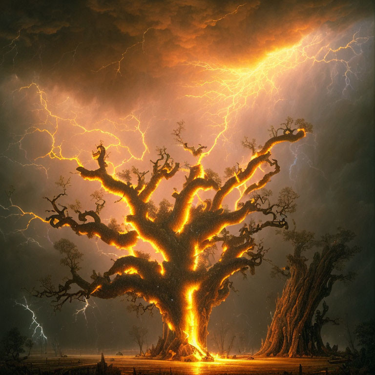 Gnarled tree ablaze under stormy sky with lightning