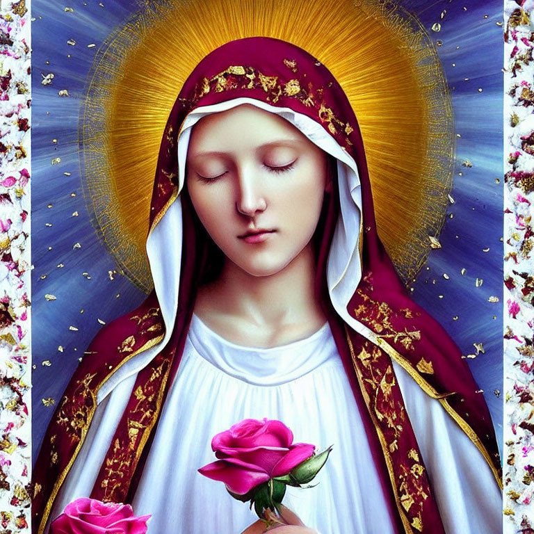 Virgin Mary with Halo in White Robe and Red Cloak Holding Pink Rose