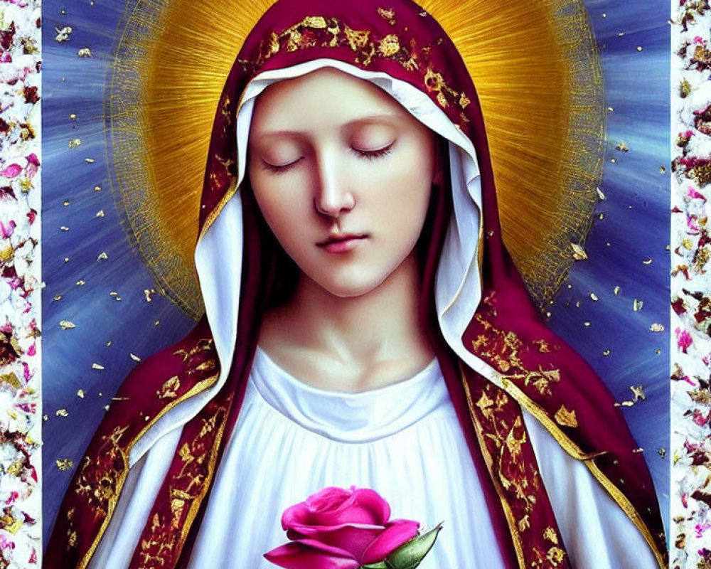 Virgin Mary with Halo in White Robe and Red Cloak Holding Pink Rose