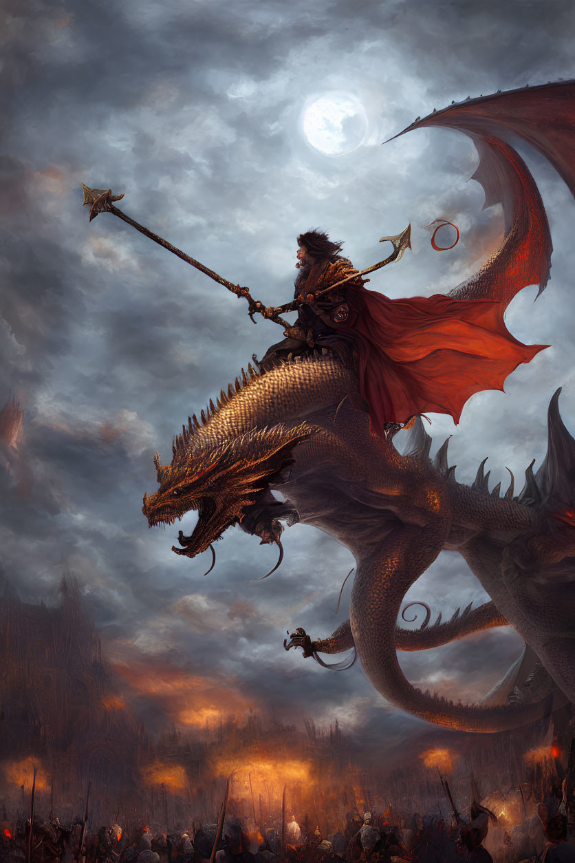 Armored warrior riding dragon in battlefield under moonlit sky