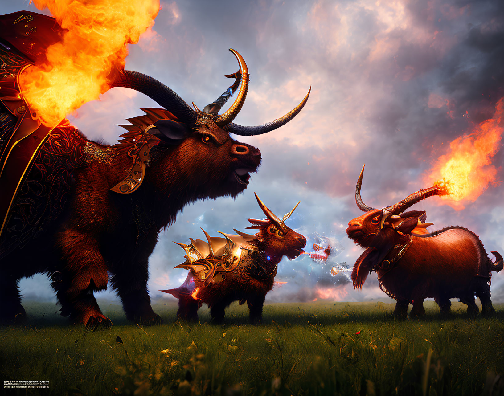 Mystical bison-like creatures in ornate armor on grassy field