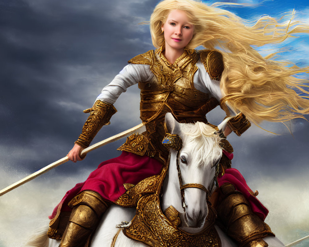 Golden-haired woman in ornate armor rides white horse with spear under stormy sky