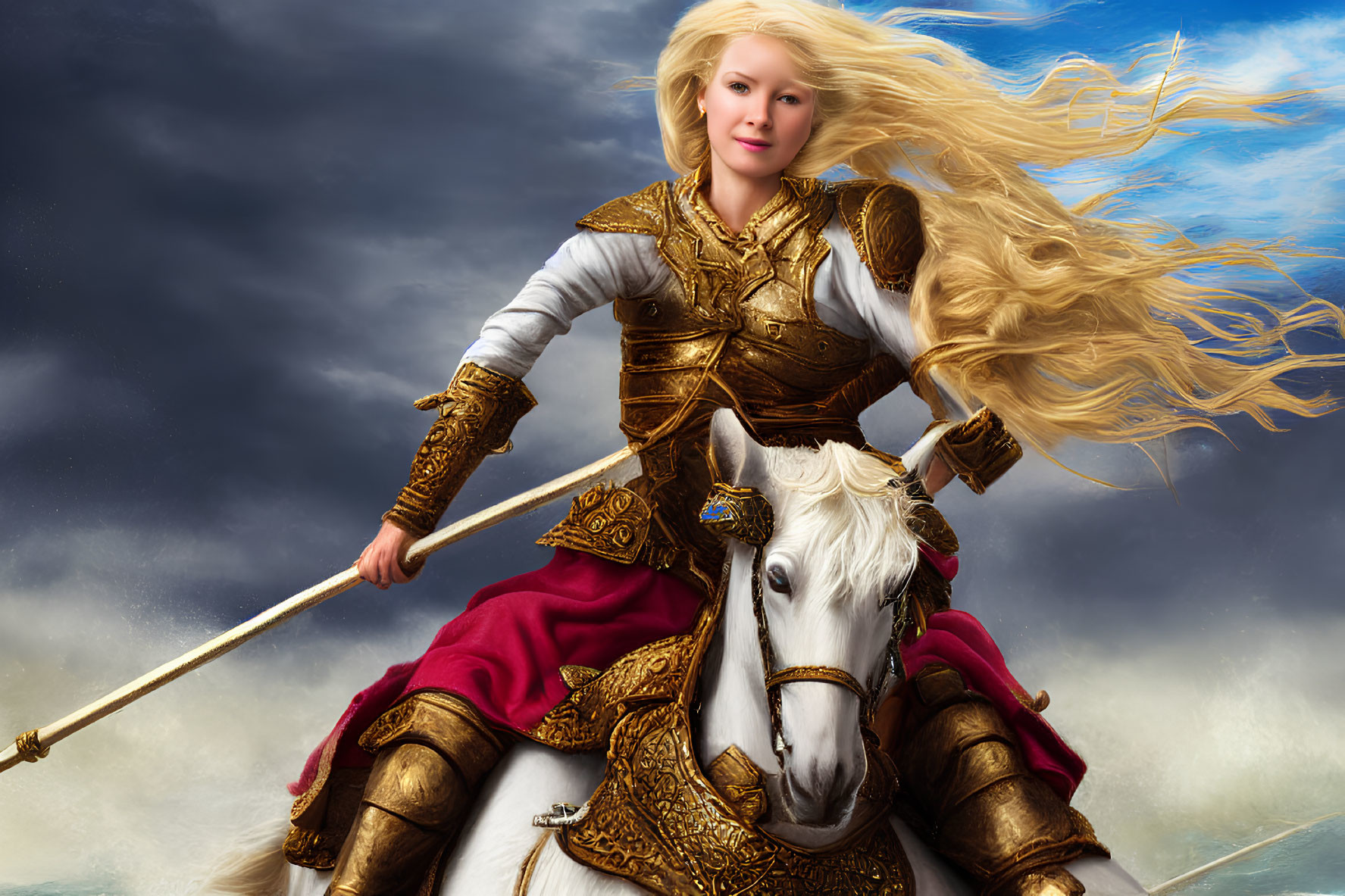 Golden-haired woman in ornate armor rides white horse with spear under stormy sky