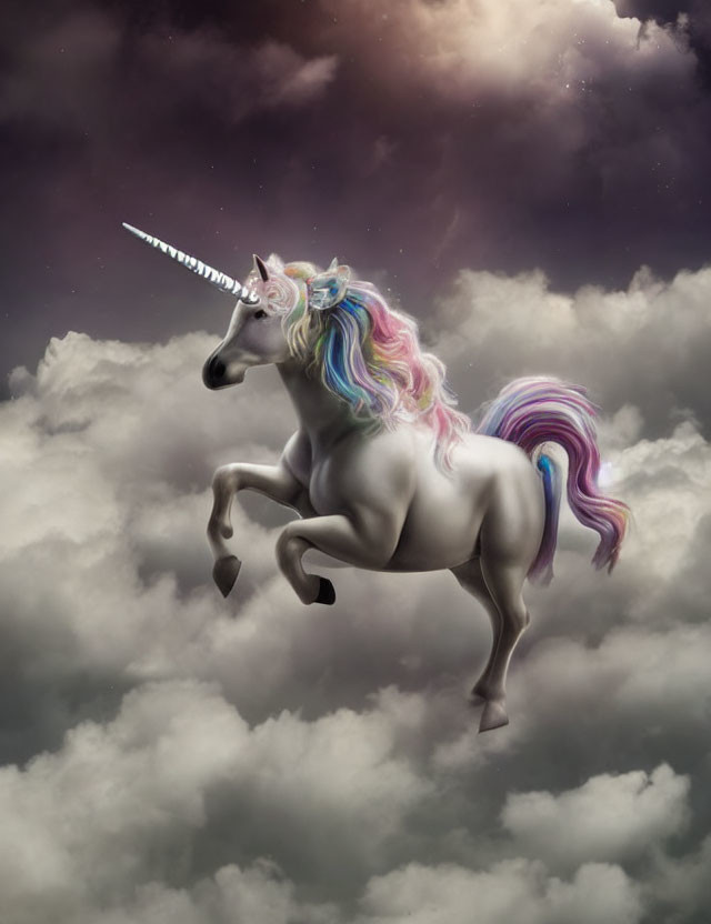 Majestic unicorn with rainbow mane flying in mystical sky