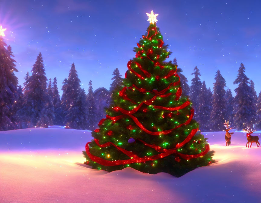 Festive Christmas tree with lights, star topper, snow-covered scenery, and reindeer at