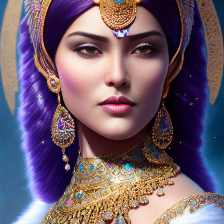 Regal Female Figure with Violet Hair and Gold Jewelry on Blue Background