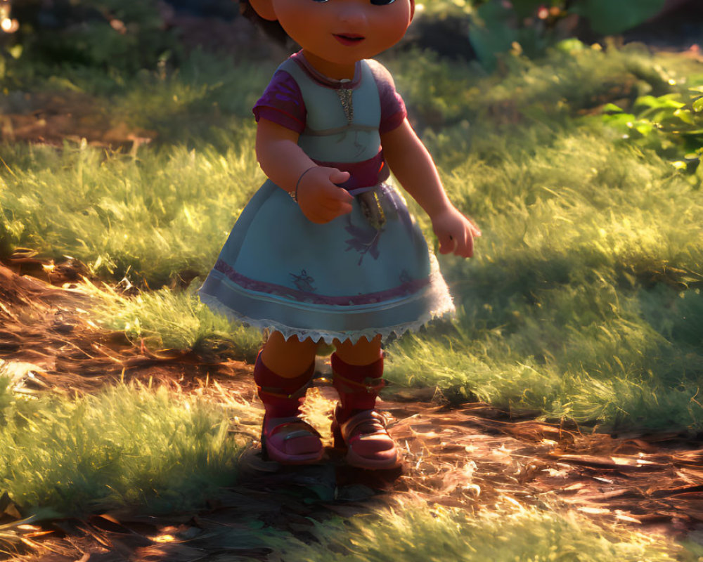 3D animated young girl in sunlit forest with toy and curious expression