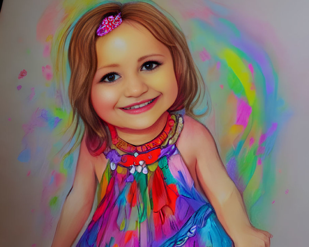 Colorful portrait of smiling girl in vibrant dress against abstract background