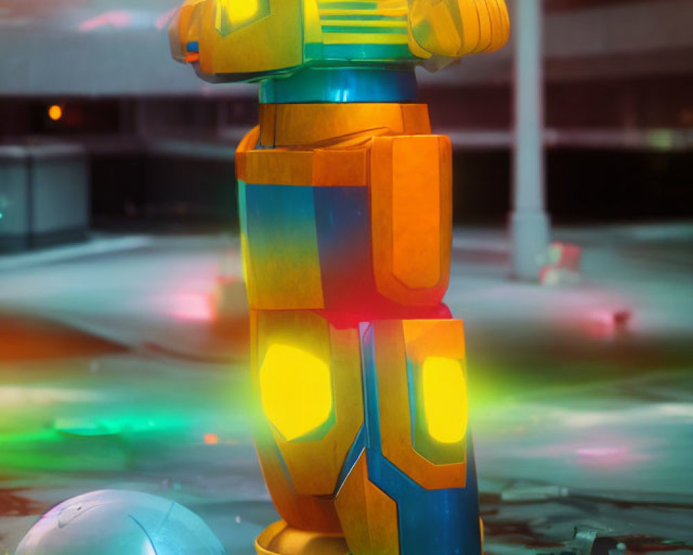 Colorful futuristic robot in neon-lit cityscape