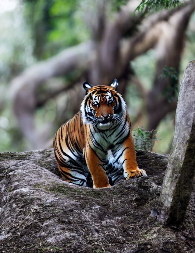 Majestic tiger with striking stripes in forested setting