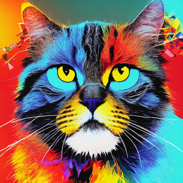 Vibrant digital art: Colorful cat with yellow eyes and abstract shapes