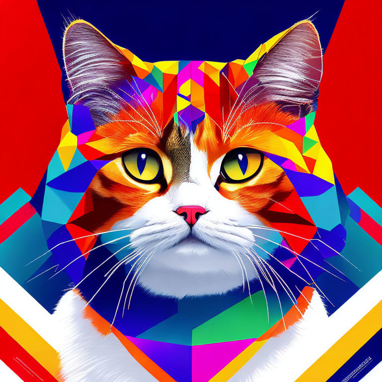 Colorful Geometric Digital Art: Stylized Cat on Red and Blue Background