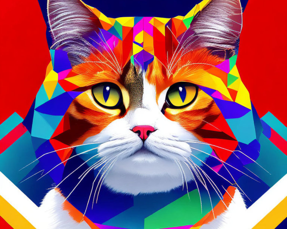 Colorful Geometric Digital Art: Stylized Cat on Red and Blue Background