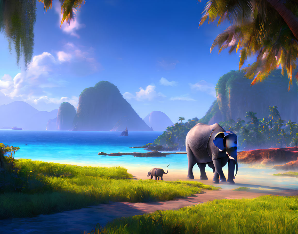 Adult elephant and calf walking on beach with lush foliage and cliffs