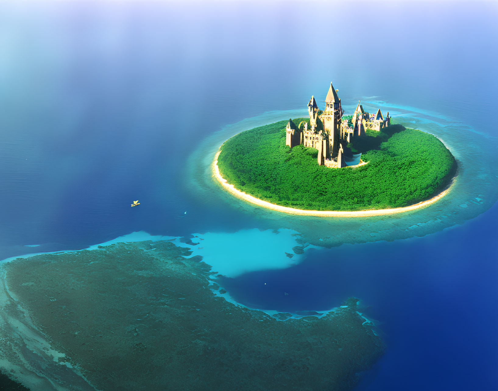 Majestic castle with spires on lush island in turquoise waters