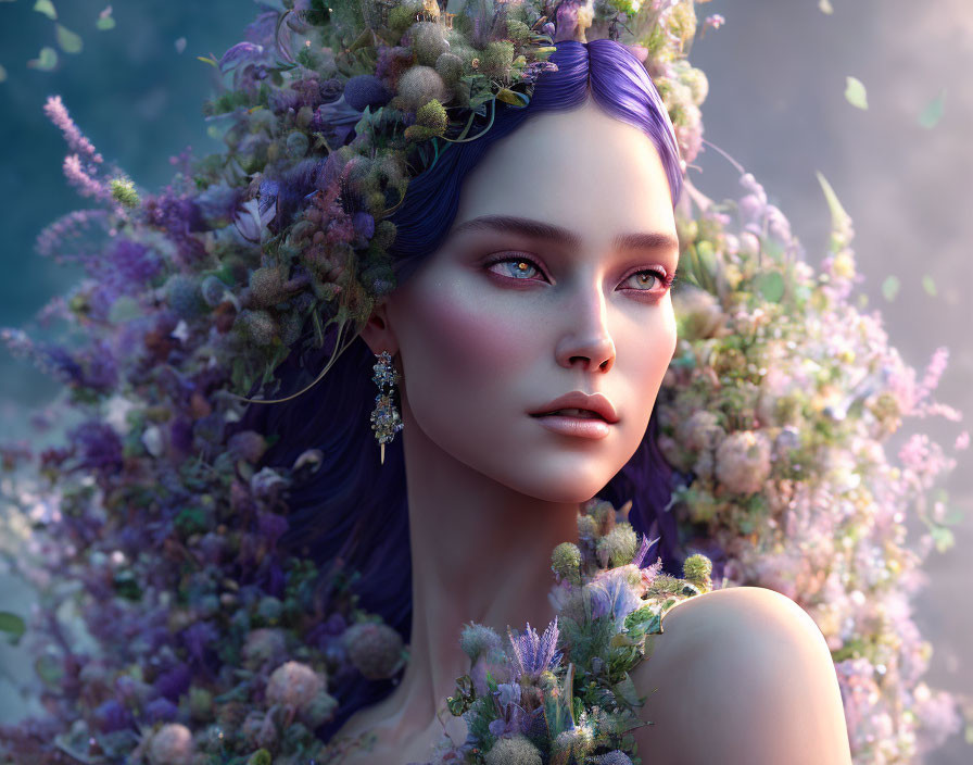 Purple-haired woman with floral crown in serene digital portrait