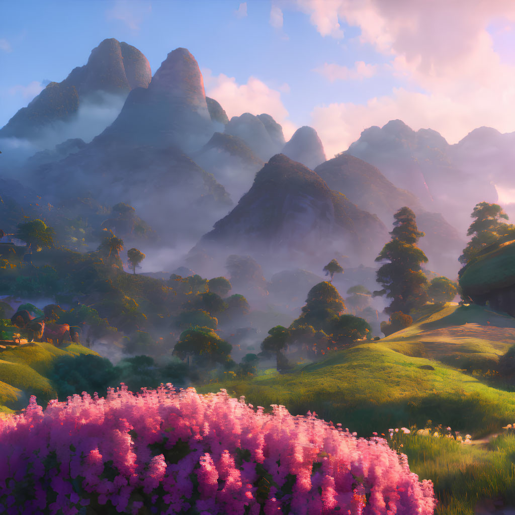 Scenic landscape with purple flowers, rolling hills, and misty mountains at sunrise