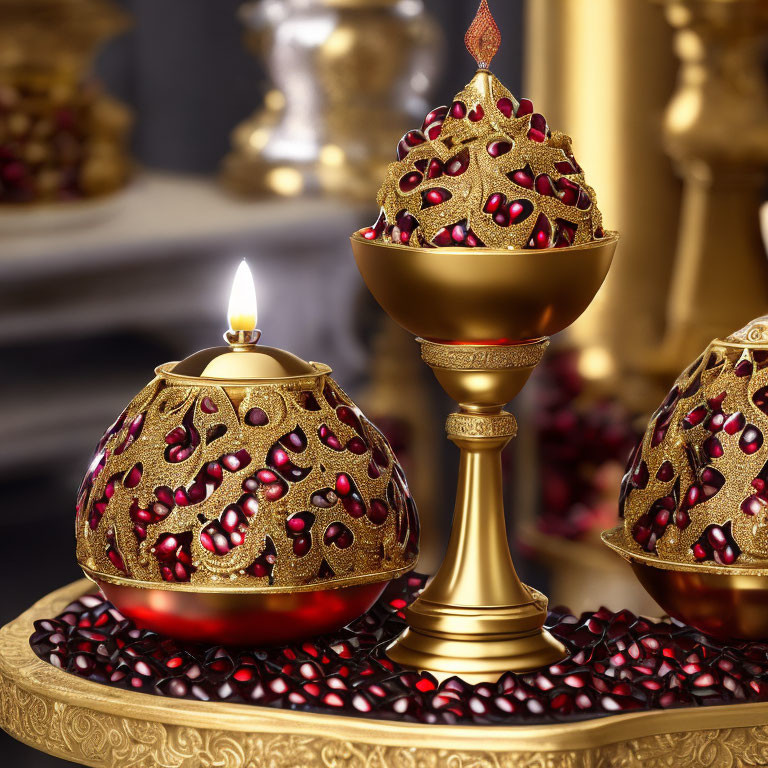 Golden candle holder with lit candle and red accents on luxurious backdrop