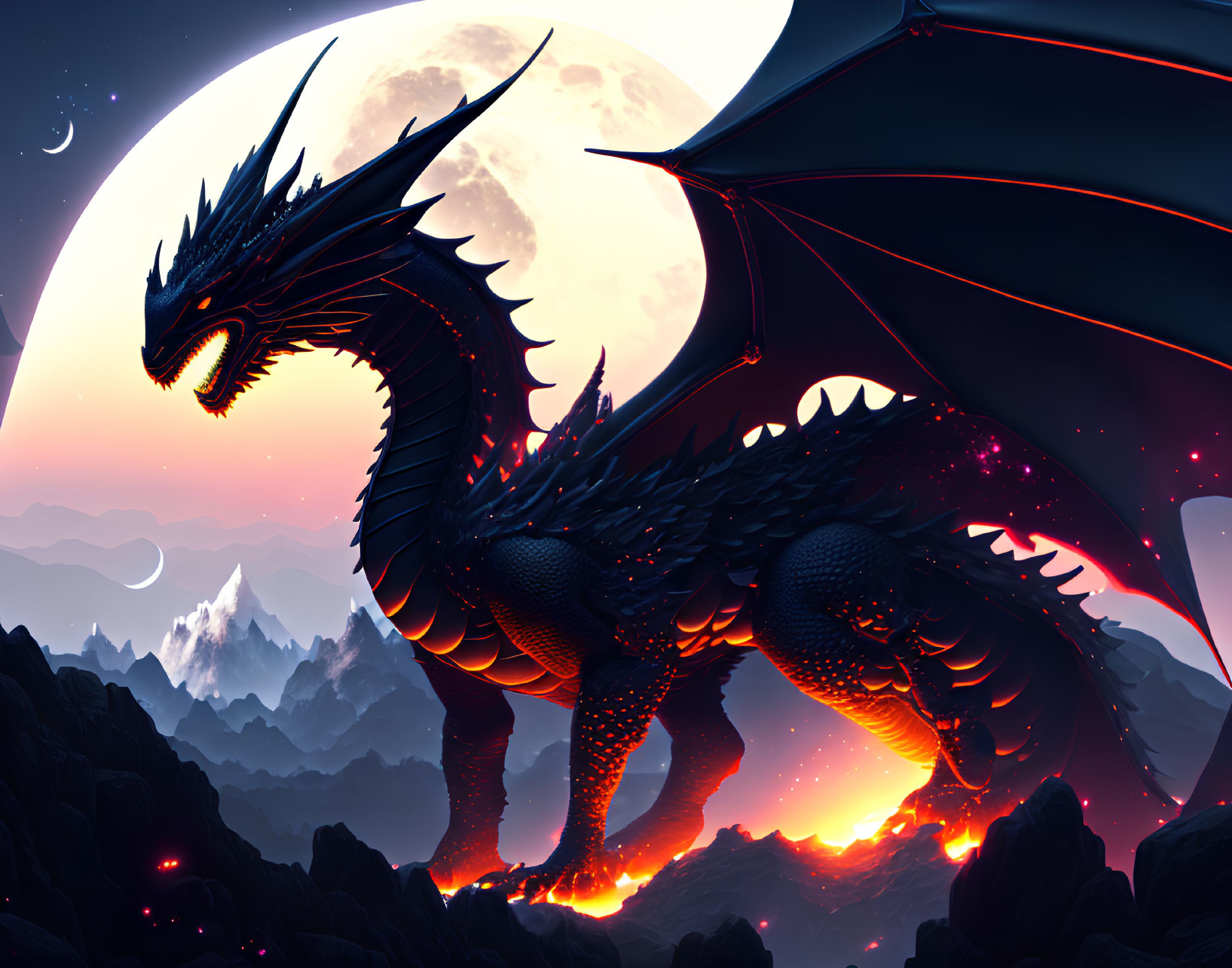 Black Dragon on Craggy Rocks with Full Moon and Red Underbelly