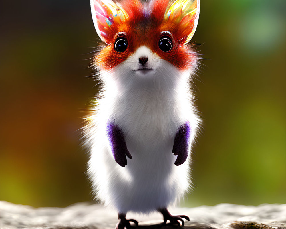 Fluffy white creature with orange ears and leaf-like patterns on a rock