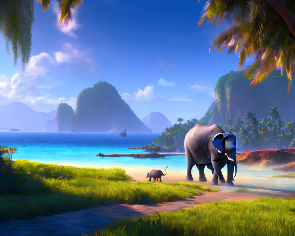 Adult elephant and calf walking on beach with lush foliage and cliffs