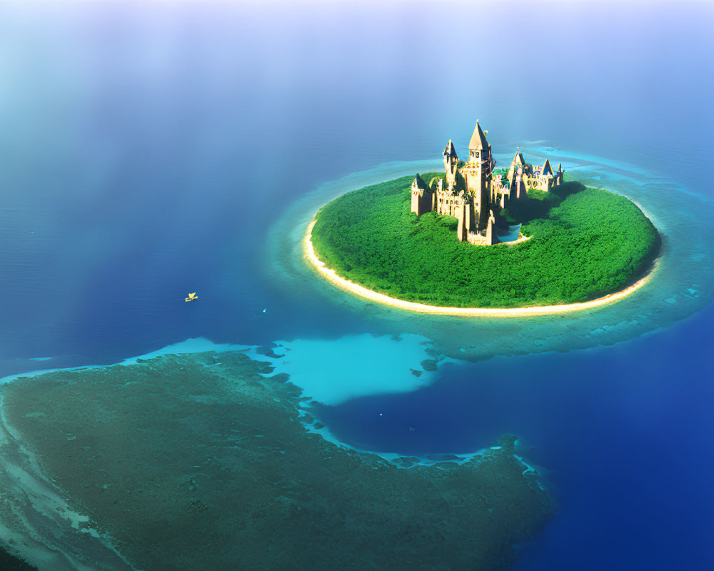 Majestic castle with spires on lush island in turquoise waters