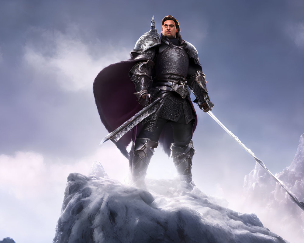 Knight in Full Armor on Snowy Peak with Sword and Dramatic Sky