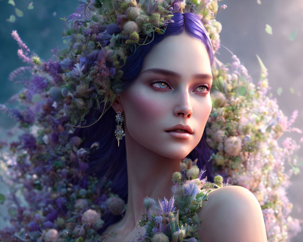 Purple-haired woman with floral crown in serene digital portrait