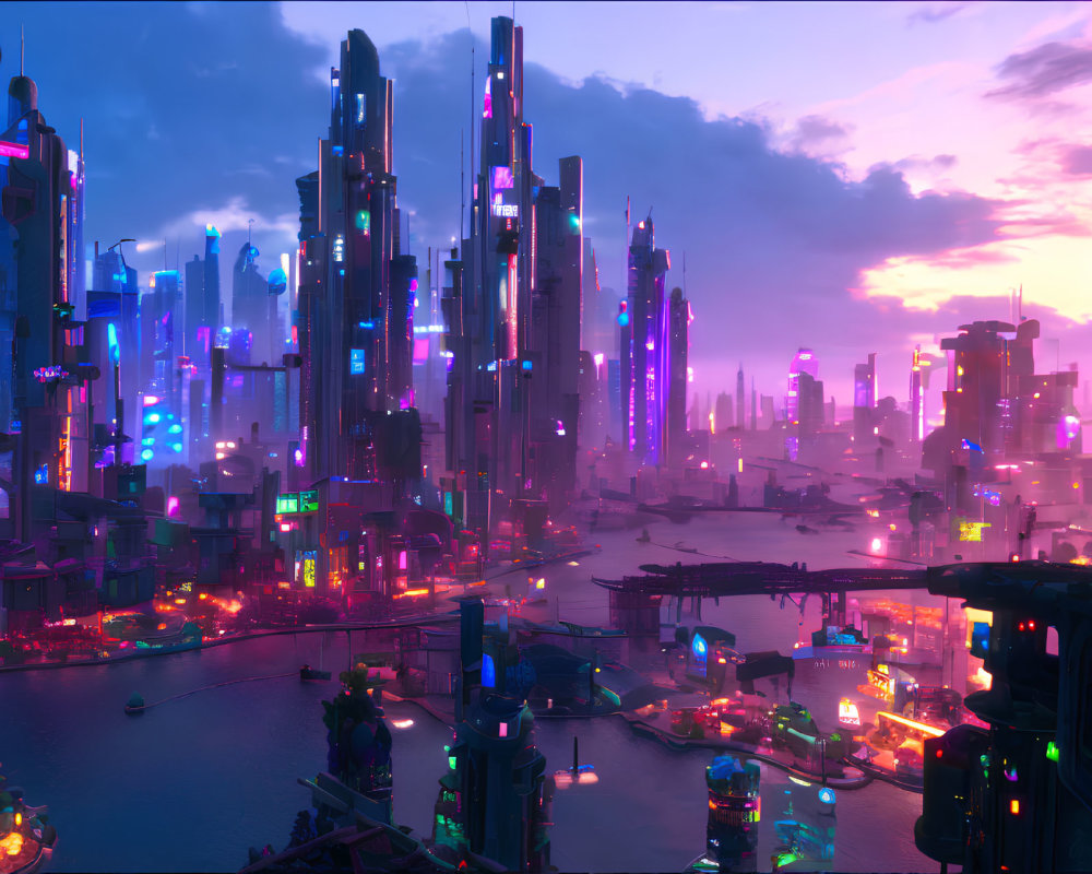 Futuristic cityscape with neon-lit skyscrapers at dusk