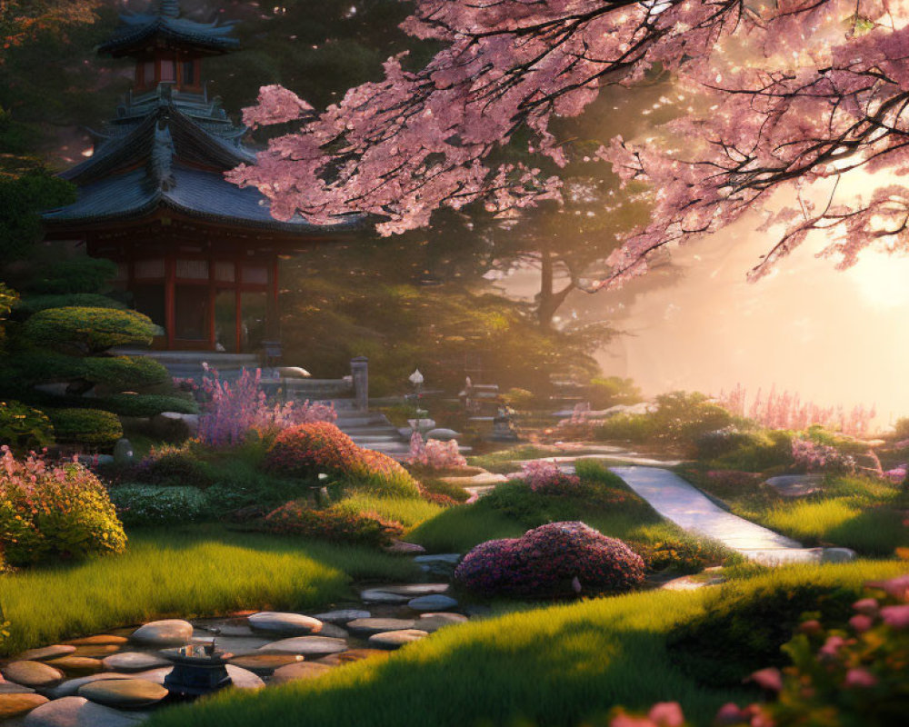 Tranquil Japanese garden with pagoda, cherry blossoms, and stone path