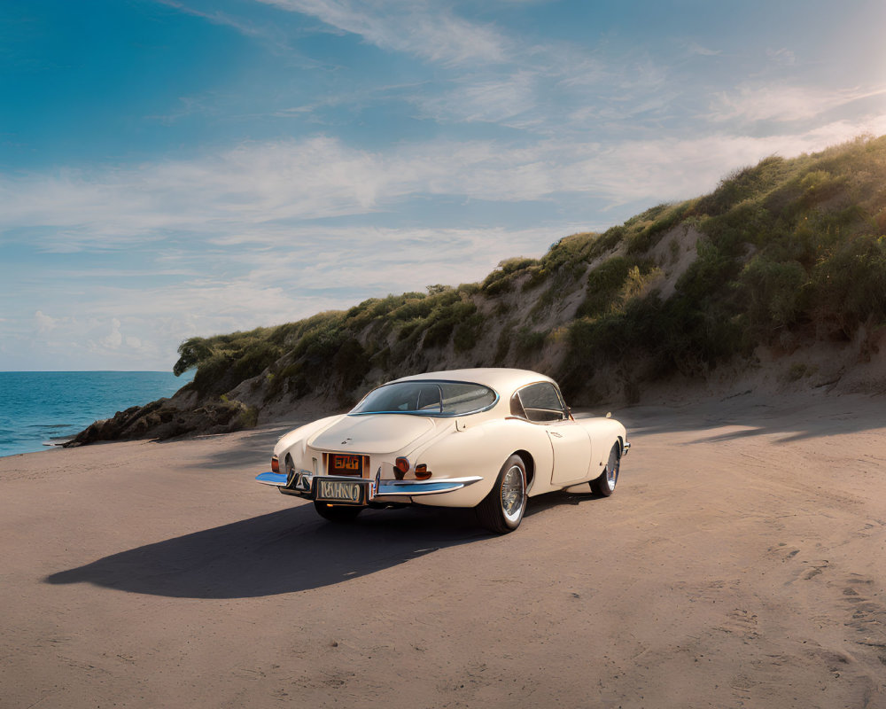 Vintage White Sports Car on Sandy Beach with Blue Sky & Sea