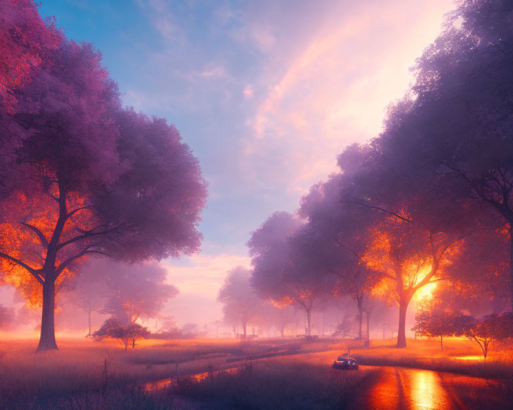 Tranquil Dusk Landscape with Sunrays and Purple Clouds