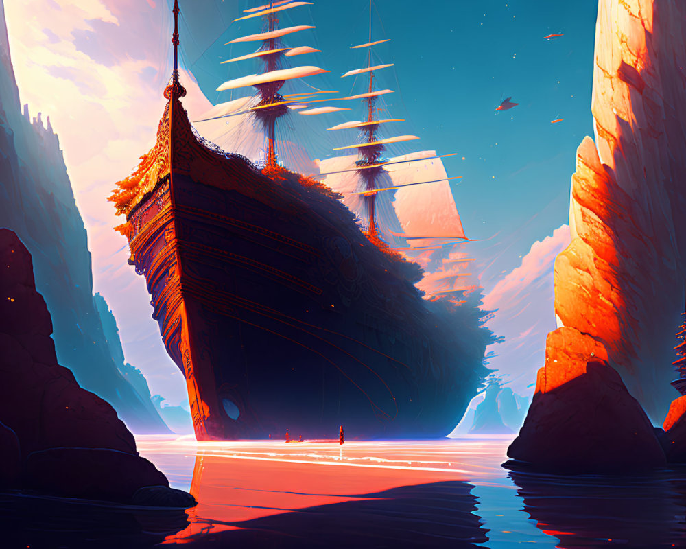 Tall-sailed ship glides over glowing sea amid towering cliffs