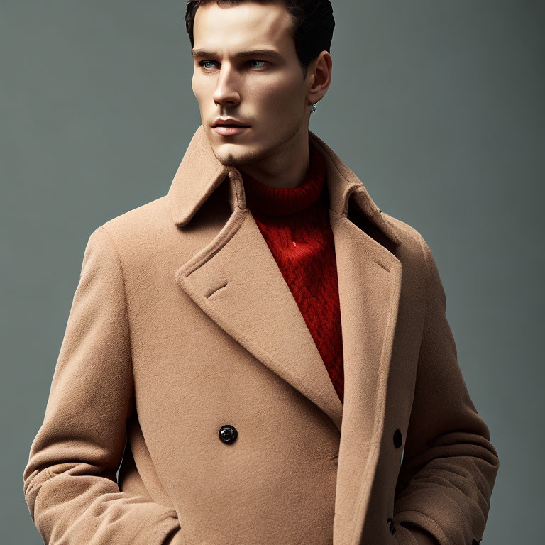 Fashionable man in camel peacoat and red turtleneck against grey backdrop