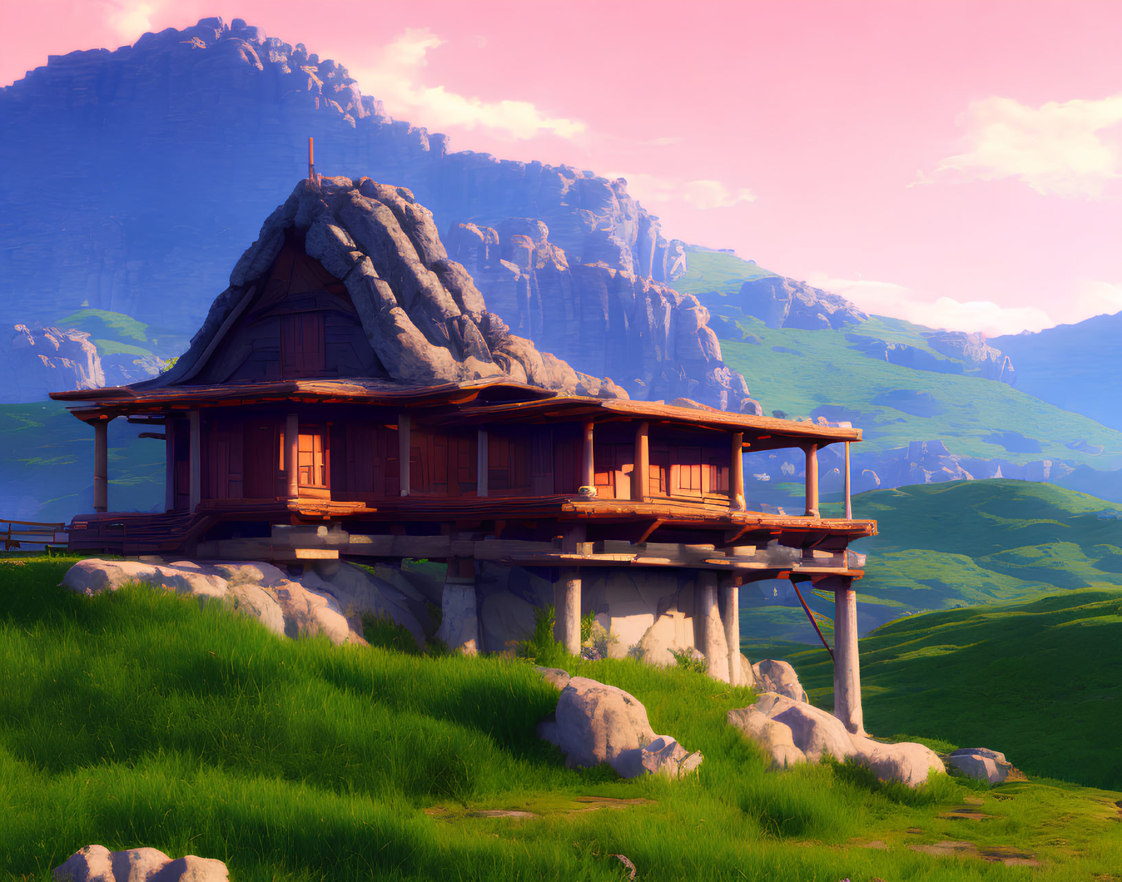 Traditional wooden house on rocky outcrop in lush green hills under pink sky