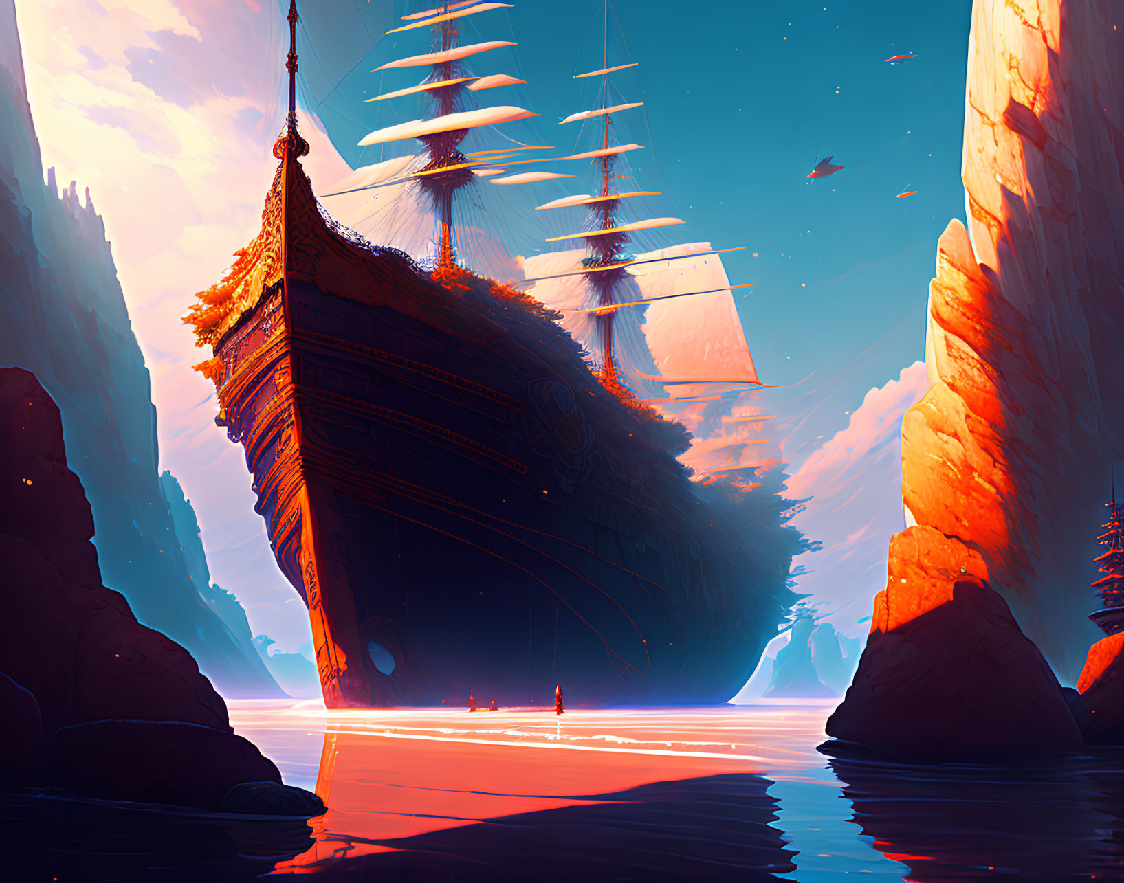 Tall-sailed ship glides over glowing sea amid towering cliffs