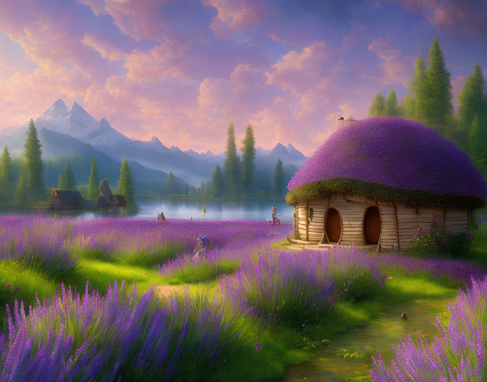 Tranquil lake, lavender fields, thatched-roof cottage: scenic sunset landscape